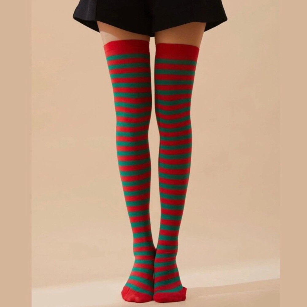 New Red & Green Striped Over the Knee High Tights